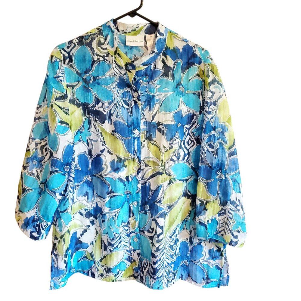 Alfred Dunner Blue Green Floral Button‎ Up Blouse Size 16